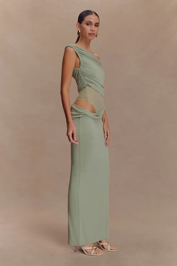 Callen One Shoulder Slinky Maxi Dress – Sage Callen One Shoulder Slinky Maxi Dress – Sage