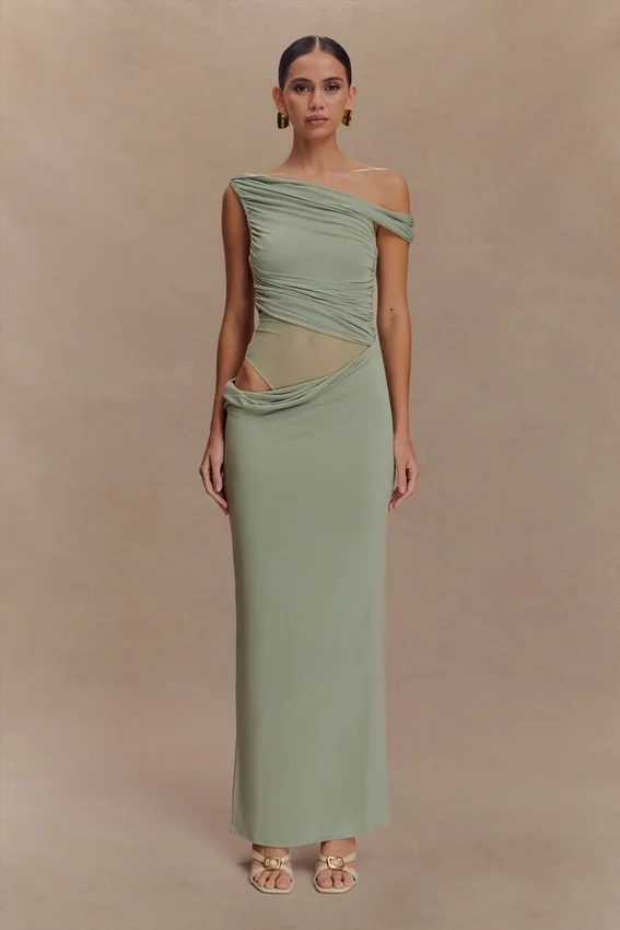 Callen One Shoulder Slinky Maxi Dress – Sage Callen One Shoulder Slinky Maxi Dress – Sage