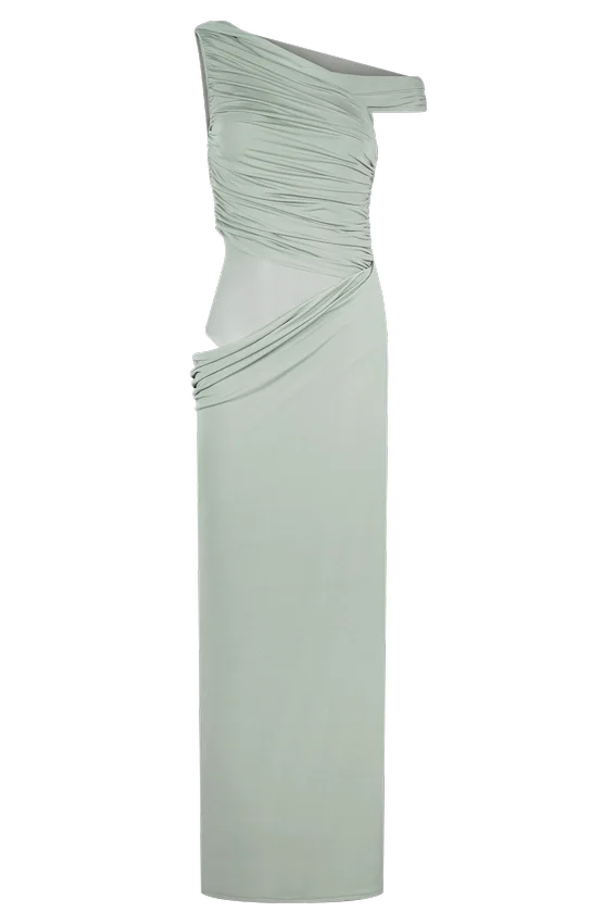 Callen One Shoulder Slinky Maxi Dress – Sage Callen One Shoulder Slinky Maxi Dress – Sage