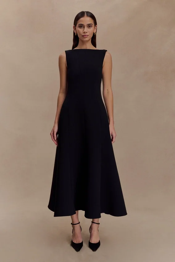 Callista Crepe A-Line Midi Dress – Black Callista Crepe A-Line Midi Dress – Black