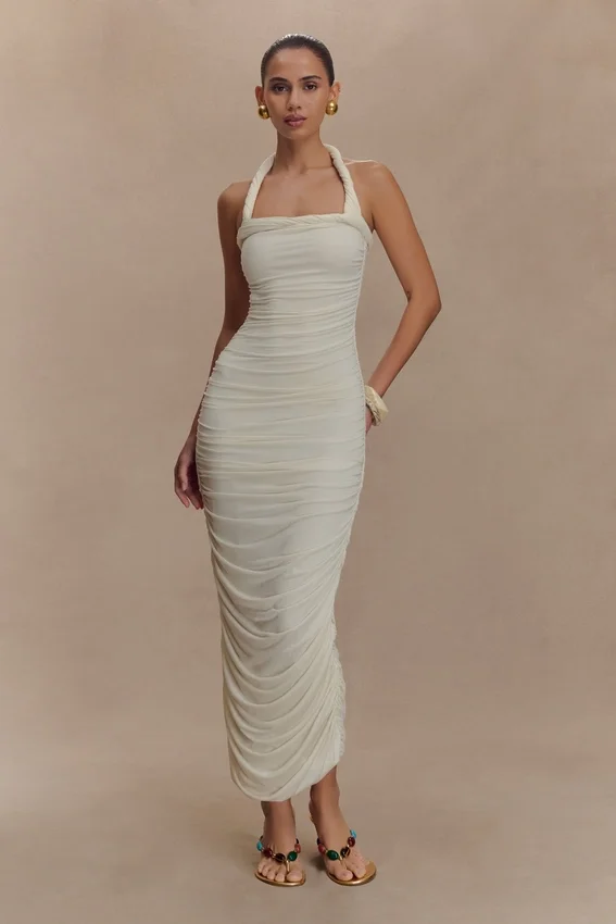 Camila Ruched Halter Midi Dress – Ivory Camila Ruched Halter Midi Dress – Ivory