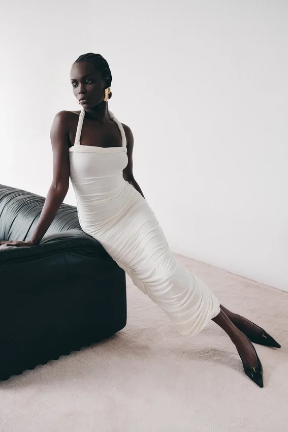 Camila Ruched Halter Midi Dress – Ivory Camila Ruched Halter Midi Dress – Ivory