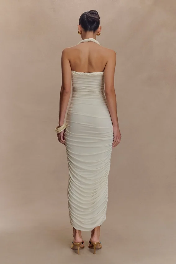 Camila Ruched Halter Midi Dress – Ivory Camila Ruched Halter Midi Dress – Ivory