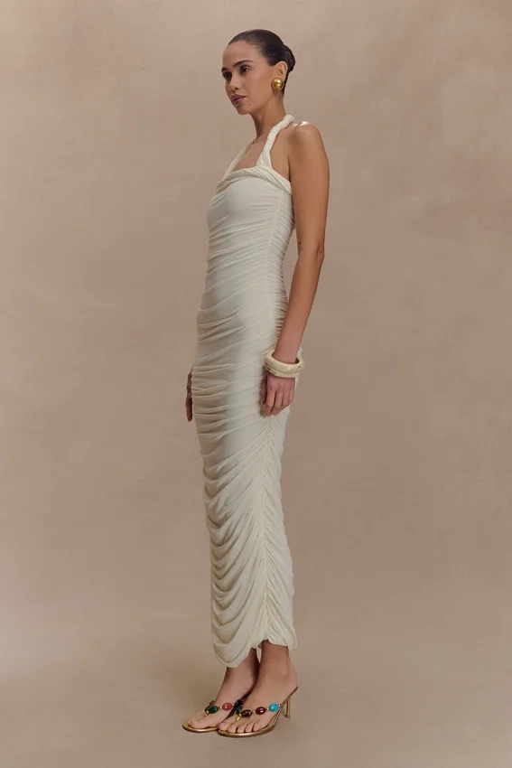 Camila Ruched Halter Midi Dress – Ivory Camila Ruched Halter Midi Dress – Ivory