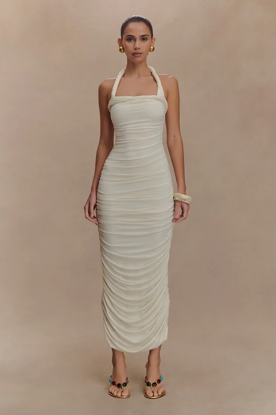Camila Ruched Halter Midi Dress – Ivory Camila Ruched Halter Midi Dress – Ivory