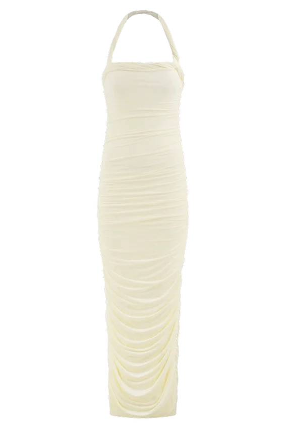 Camila Ruched Halter Midi Dress – Ivory Camila Ruched Halter Midi Dress – Ivory