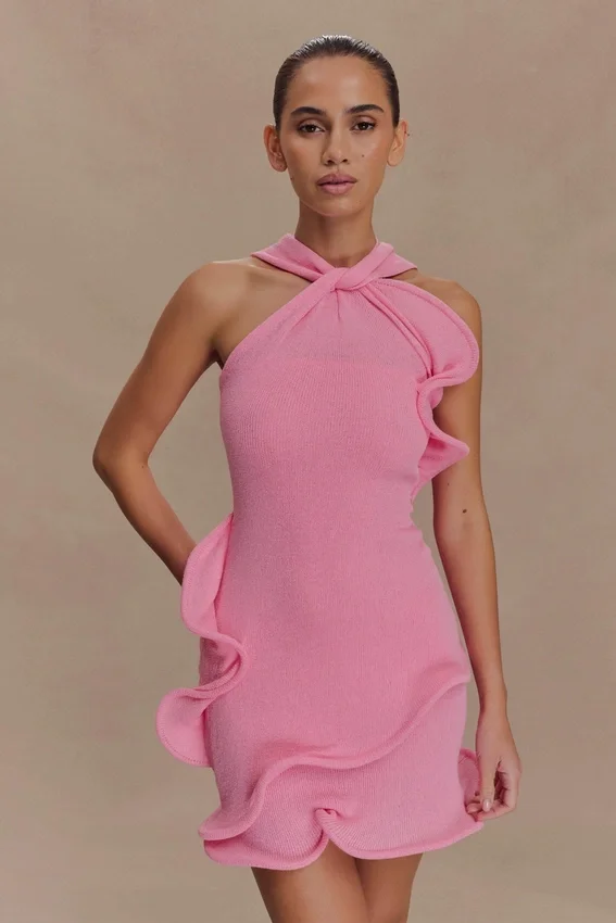 Caprice Halter Knit Mini Dress – Bubblegum Pink Caprice Halter Knit Mini Dress – Bubblegum Pink