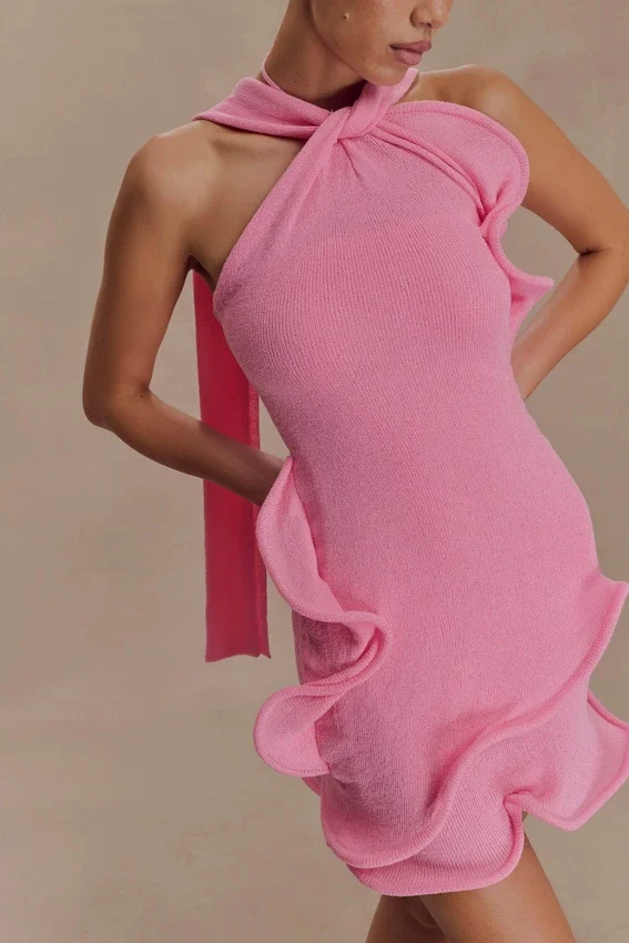 Caprice Halter Knit Mini Dress – Bubblegum Pink Caprice Halter Knit Mini Dress – Bubblegum Pink