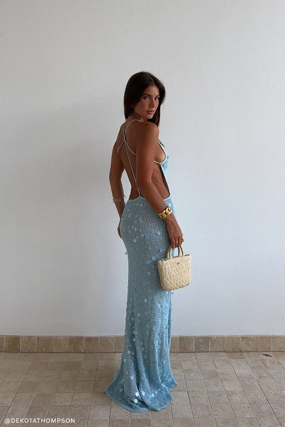 Carmen Crochet Sequin Maxi Open Back Dress – Blue Carmen Crochet Sequin Maxi Open Back Dress – Blue