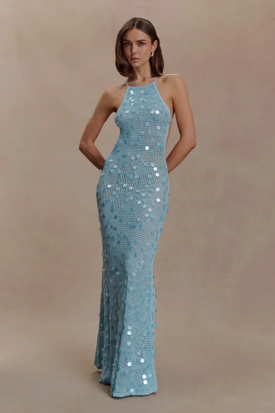 Carmen Crochet Sequin Maxi Open Back Dress – Blue Carmen Crochet Sequin Maxi Open Back Dress – Blue