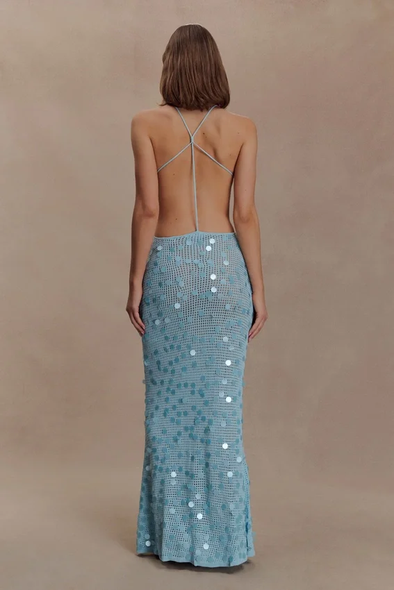 Carmen Crochet Sequin Maxi Open Back Dress – Blue Carmen Crochet Sequin Maxi Open Back Dress – Blue