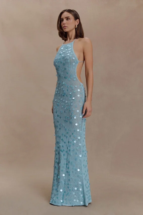 Carmen Crochet Sequin Maxi Open Back Dress – Blue Carmen Crochet Sequin Maxi Open Back Dress – Blue