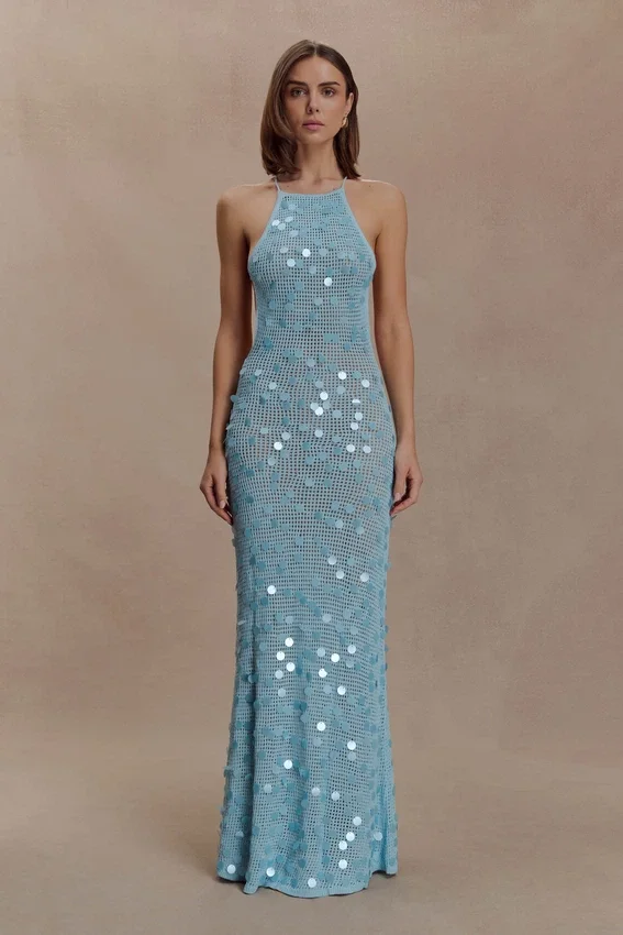 Carmen Crochet Sequin Maxi Open Back Dress – Blue Carmen Crochet Sequin Maxi Open Back Dress – Blue