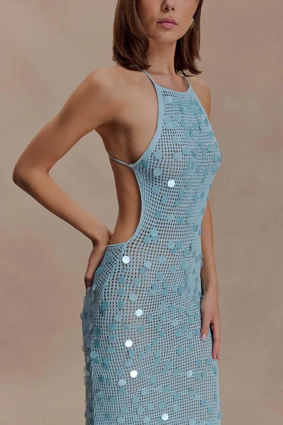 Carmen Crochet Sequin Maxi Open Back Dress – Blue Carmen Crochet Sequin Maxi Open Back Dress – Blue