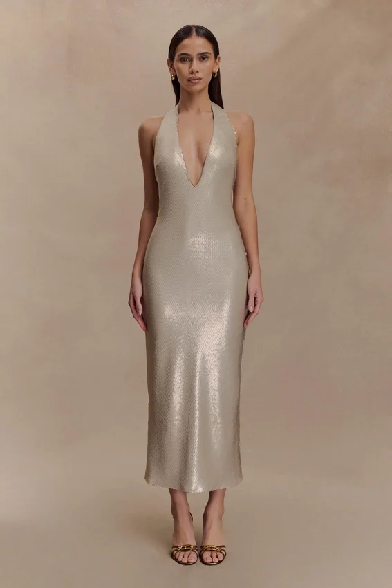 Carnation Sequin Halter Midi Dress – Gold Carnation Sequin Halter Midi Dress – Gold