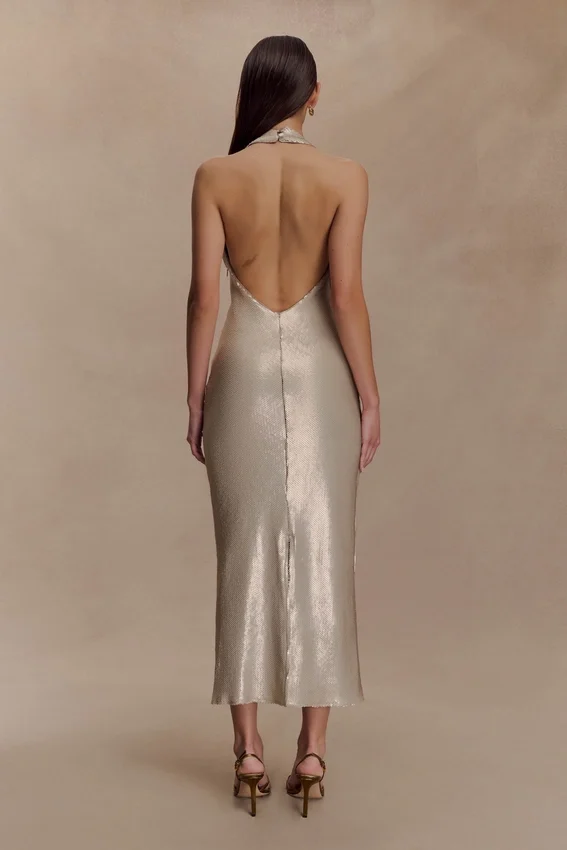 Carnation Sequin Halter Midi Dress – Gold Carnation Sequin Halter Midi Dress – Gold