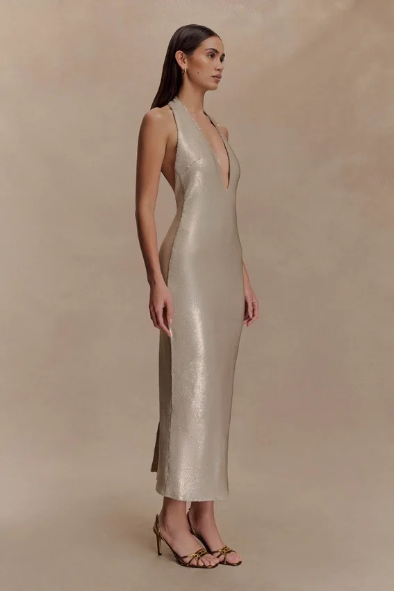 Carnation Sequin Halter Midi Dress – Gold Carnation Sequin Halter Midi Dress – Gold