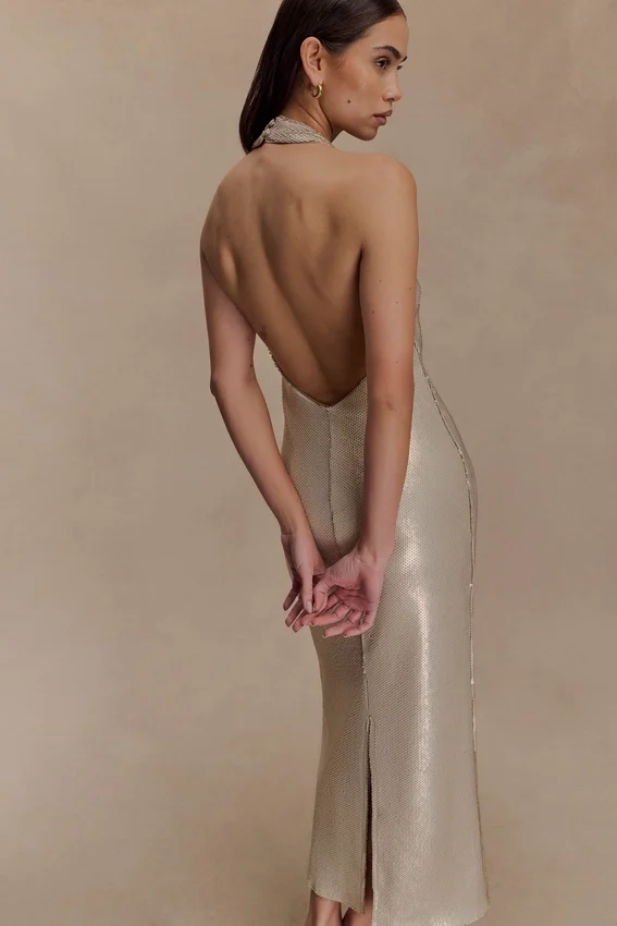 Carnation Sequin Halter Midi Dress – Gold Carnation Sequin Halter Midi Dress – Gold