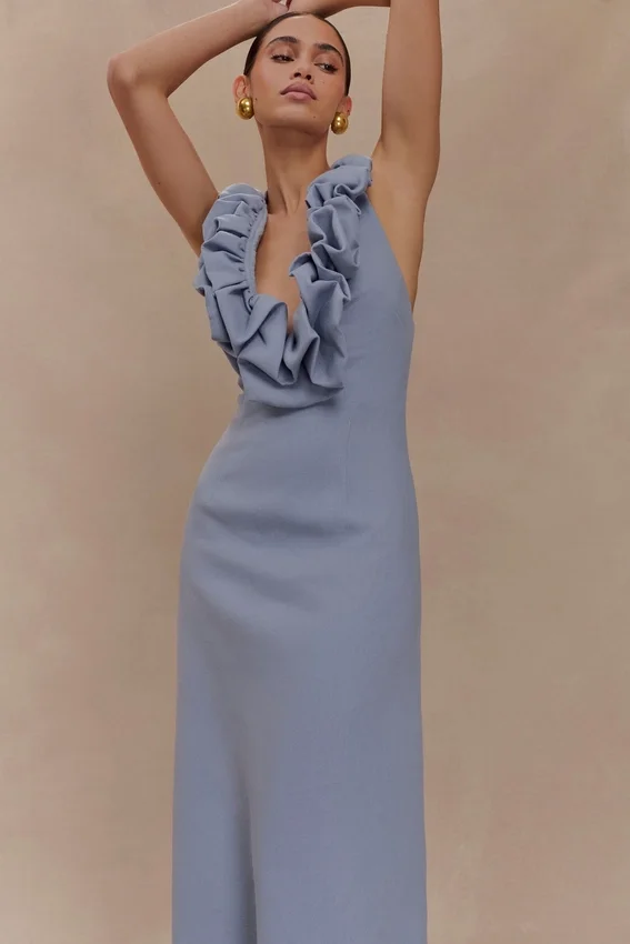 Carolyn Linen Bubble Maxi Dress – Misty Blue Carolyn Linen Bubble Maxi Dress – Misty Blue