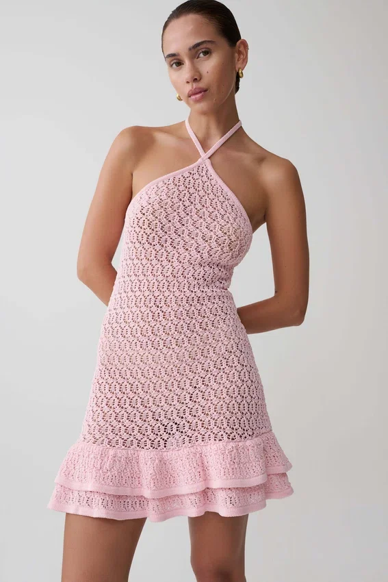 Carrisa Crochet Knit Mini Dress – Baby Pink Carrisa Crochet Knit Mini Dress – Baby Pink