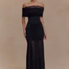 Caspian Slinky And Mesh Off Shoulder Maxi Dress – Black Caspian Slinky And Mesh Off Shoulder Maxi Dress – Black