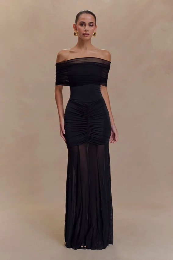 Caspian Slinky And Mesh Off Shoulder Maxi Dress – Black Caspian Slinky And Mesh Off Shoulder Maxi Dress – Black