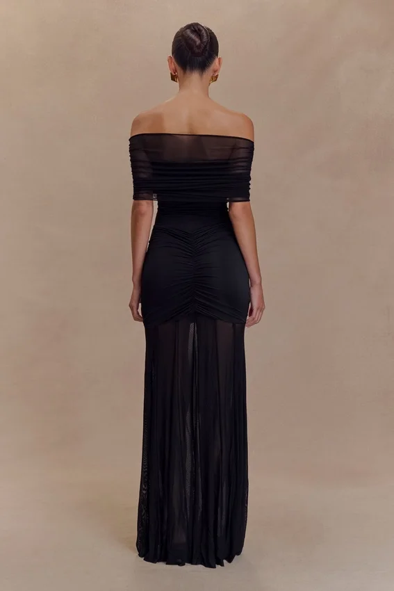 Caspian Slinky And Mesh Off Shoulder Maxi Dress – Black Caspian Slinky And Mesh Off Shoulder Maxi Dress – Black