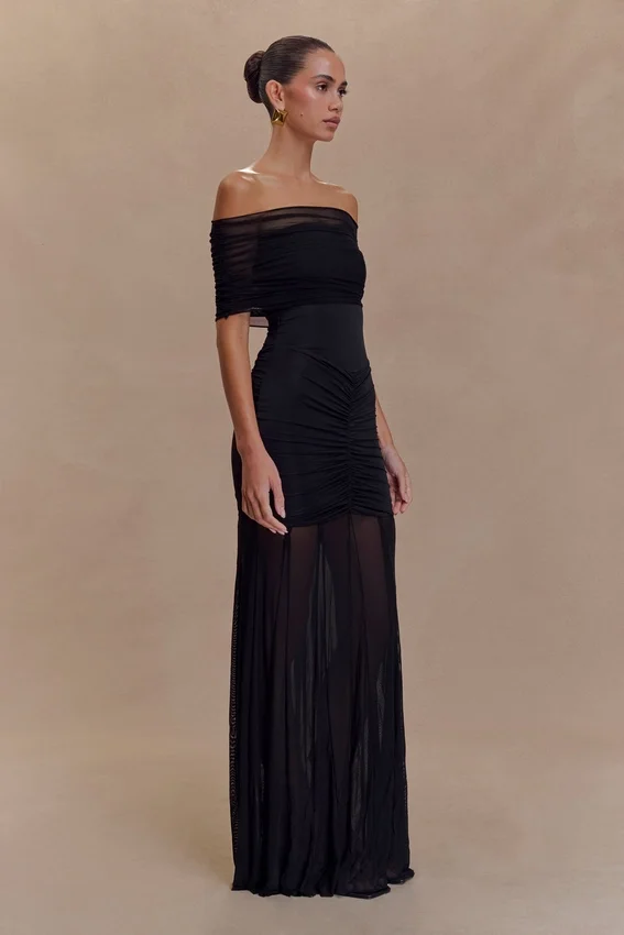 Caspian Slinky And Mesh Off Shoulder Maxi Dress – Black Caspian Slinky And Mesh Off Shoulder Maxi Dress – Black