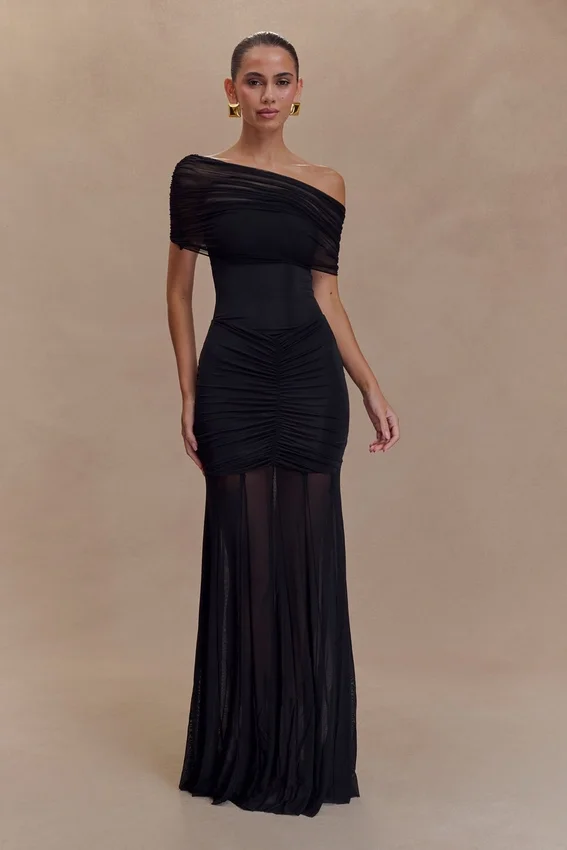 Caspian Slinky And Mesh Off Shoulder Maxi Dress – Black Caspian Slinky And Mesh Off Shoulder Maxi Dress – Black