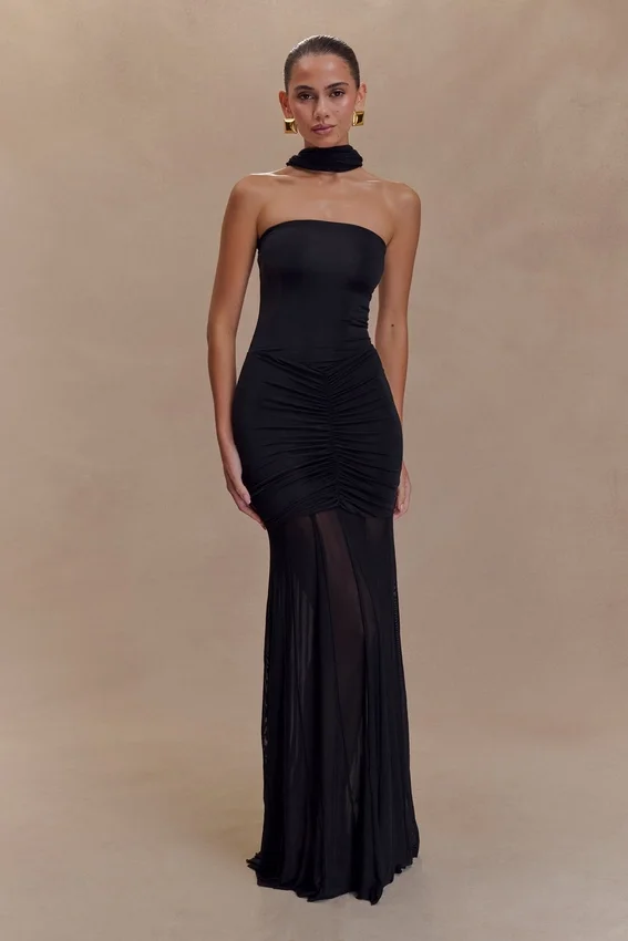 Caspian Slinky And Mesh Off Shoulder Maxi Dress – Black Caspian Slinky And Mesh Off Shoulder Maxi Dress – Black