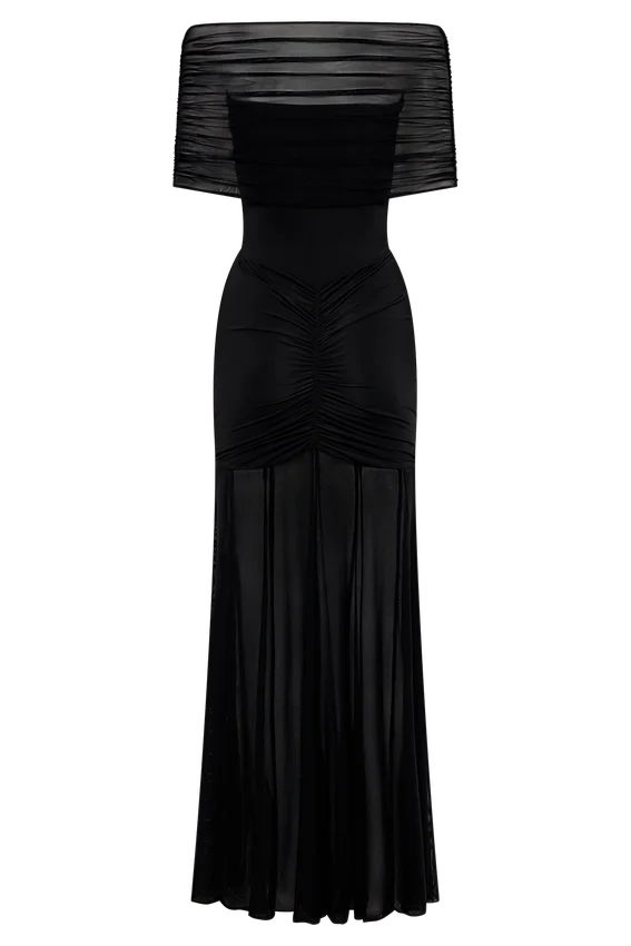 Caspian Slinky And Mesh Off Shoulder Maxi Dress – Black Caspian Slinky And Mesh Off Shoulder Maxi Dress – Black
