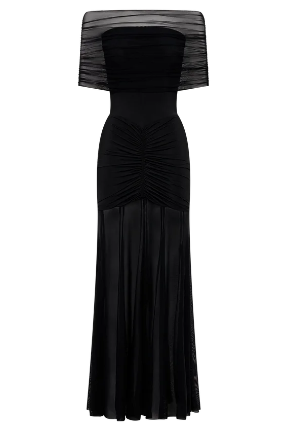 Caspian Slinky And Mesh Off Shoulder Maxi Dress – Black Caspian Slinky And Mesh Off Shoulder Maxi Dress – Black