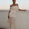 Caspian Slinky And Mesh Off Shoulder Maxi Dress – Ivory Caspian Slinky And Mesh Off Shoulder Maxi Dress – Ivory