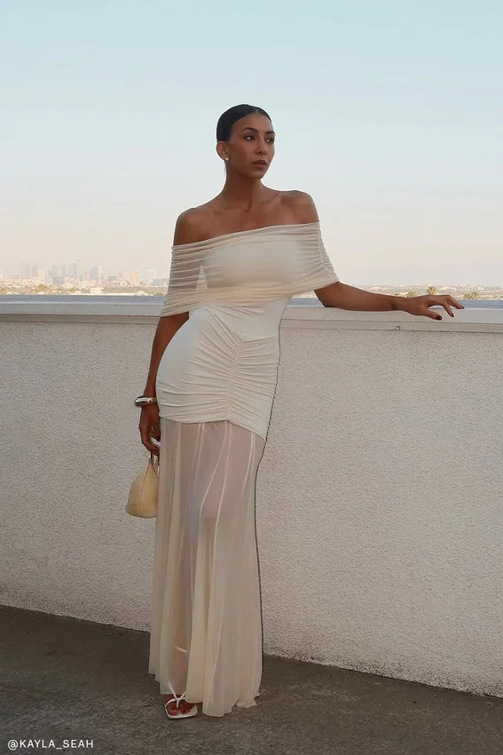Caspian Slinky And Mesh Off Shoulder Maxi Dress – Ivory Caspian Slinky And Mesh Off Shoulder Maxi Dress – Ivory