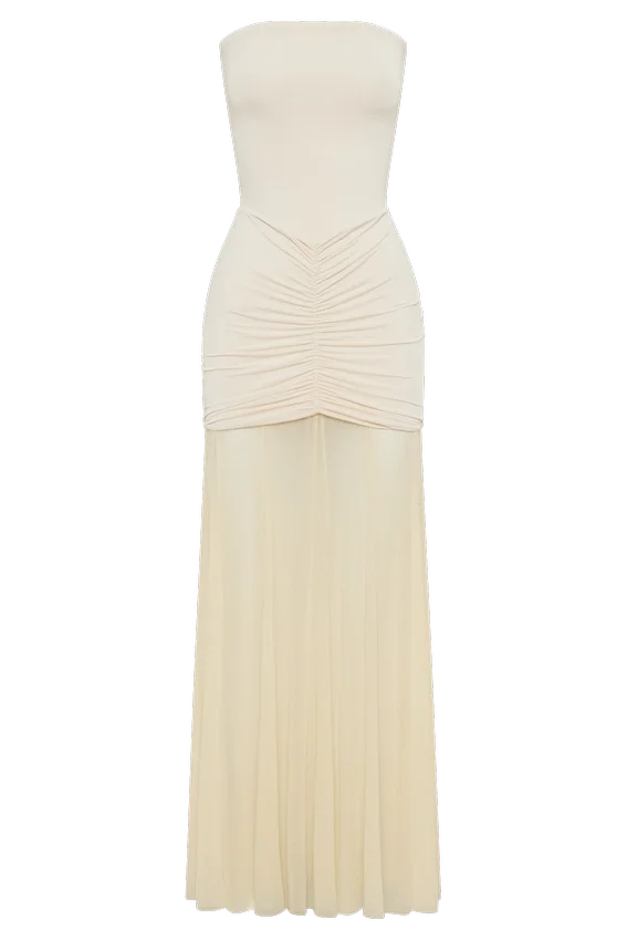 Caspian Slinky And Mesh Off Shoulder Maxi Dress – Ivory Caspian Slinky And Mesh Off Shoulder Maxi Dress – Ivory