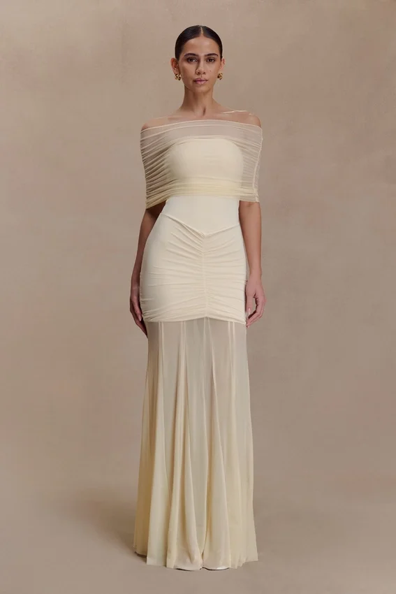 Caspian Slinky And Mesh Off Shoulder Maxi Dress – Ivory Caspian Slinky And Mesh Off Shoulder Maxi Dress – Ivory