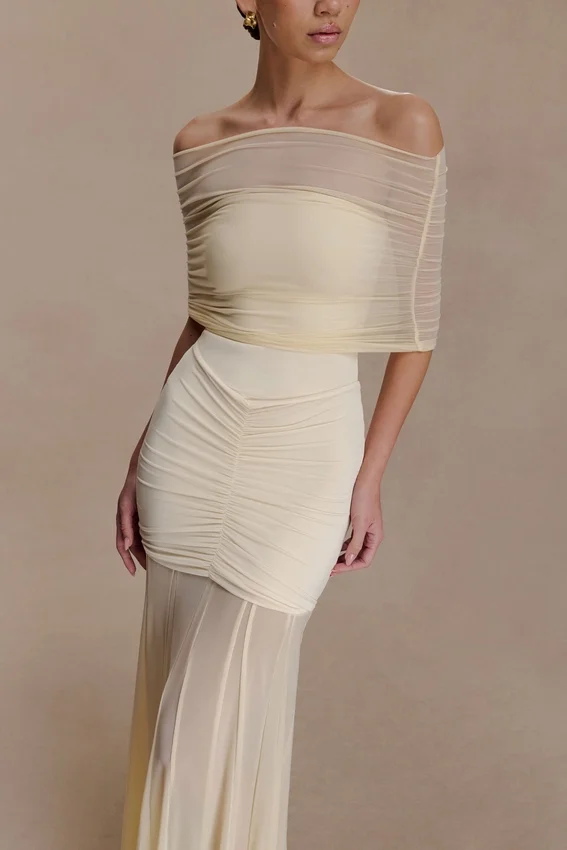 Caspian Slinky And Mesh Off Shoulder Maxi Dress – Ivory Caspian Slinky And Mesh Off Shoulder Maxi Dress – Ivory