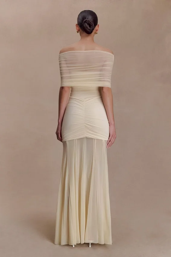 Caspian Slinky And Mesh Off Shoulder Maxi Dress – Ivory Caspian Slinky And Mesh Off Shoulder Maxi Dress – Ivory
