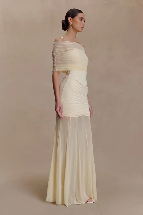 Caspian Slinky And Mesh Off Shoulder Maxi Dress – Ivory Caspian Slinky And Mesh Off Shoulder Maxi Dress – Ivory