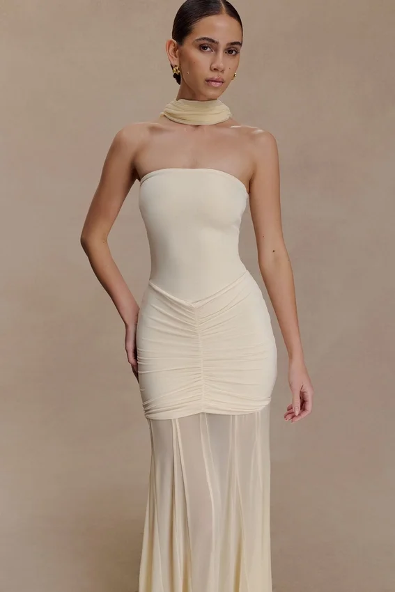 Caspian Slinky And Mesh Off Shoulder Maxi Dress – Ivory Caspian Slinky And Mesh Off Shoulder Maxi Dress – Ivory