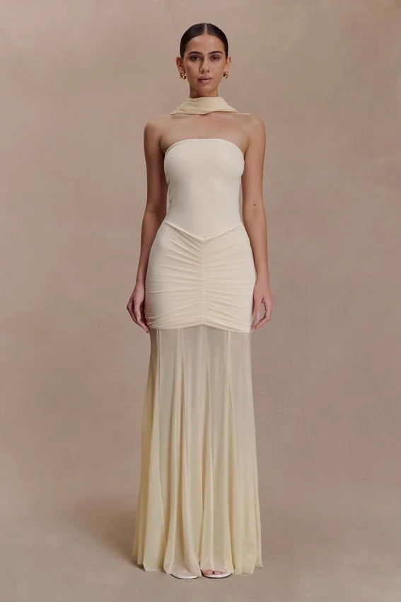 Caspian Slinky And Mesh Off Shoulder Maxi Dress – Ivory Caspian Slinky And Mesh Off Shoulder Maxi Dress – Ivory