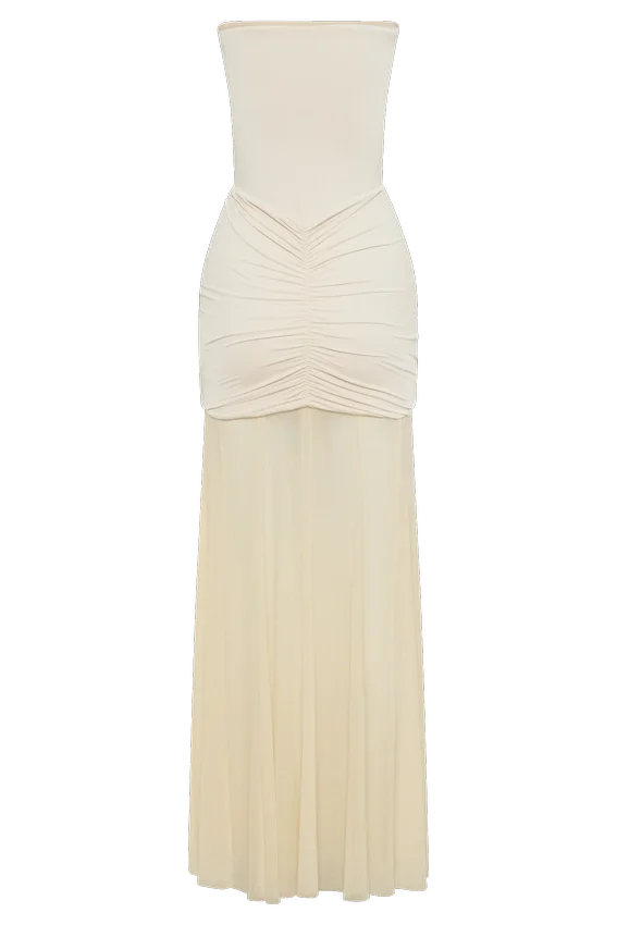 Caspian Slinky And Mesh Off Shoulder Maxi Dress – Ivory Caspian Slinky And Mesh Off Shoulder Maxi Dress – Ivory