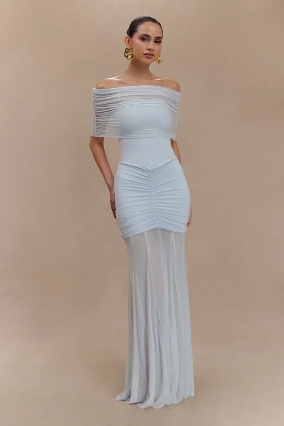 Caspian Slinky And Mesh Off Shoulder Maxi Dress – Pale Blue Caspian Slinky And Mesh Off Shoulder Maxi Dress – Pale Blue