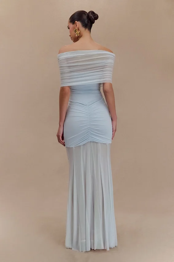 Caspian Slinky And Mesh Off Shoulder Maxi Dress – Pale Blue Caspian Slinky And Mesh Off Shoulder Maxi Dress – Pale Blue