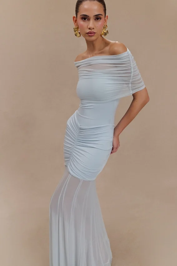 Caspian Slinky And Mesh Off Shoulder Maxi Dress – Pale Blue Caspian Slinky And Mesh Off Shoulder Maxi Dress – Pale Blue