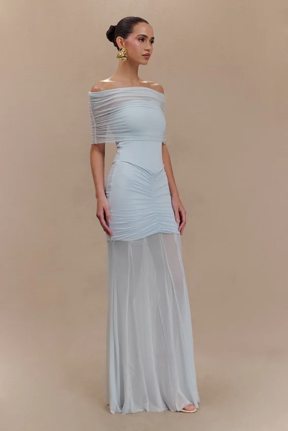 Caspian Slinky And Mesh Off Shoulder Maxi Dress – Pale Blue Caspian Slinky And Mesh Off Shoulder Maxi Dress – Pale Blue