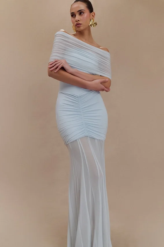 Caspian Slinky And Mesh Off Shoulder Maxi Dress – Pale Blue Caspian Slinky And Mesh Off Shoulder Maxi Dress – Pale Blue