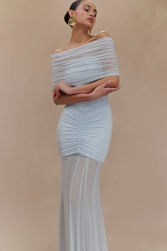 Caspian Slinky And Mesh Off Shoulder Maxi Dress – Pale Blue Caspian Slinky And Mesh Off Shoulder Maxi Dress – Pale Blue