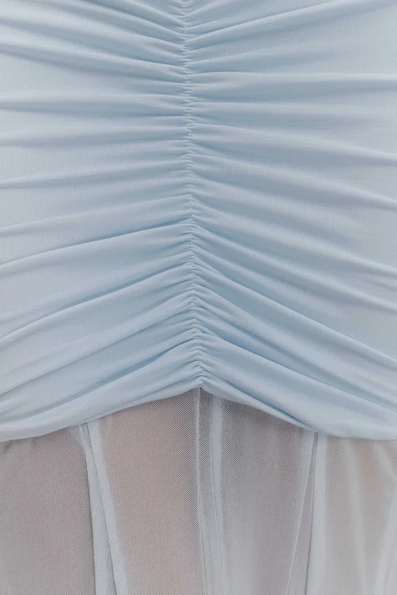 Caspian Slinky And Mesh Off Shoulder Maxi Dress – Pale Blue Caspian Slinky And Mesh Off Shoulder Maxi Dress – Pale Blue