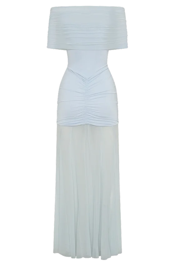 Caspian Slinky And Mesh Off Shoulder Maxi Dress – Pale Blue Caspian Slinky And Mesh Off Shoulder Maxi Dress – Pale Blue